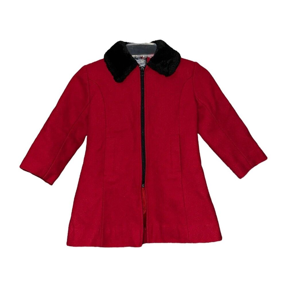 Rothschild Girls Red Wool Dress Overcoat Fur Collar Holiday Fancy Christmas Sz 4